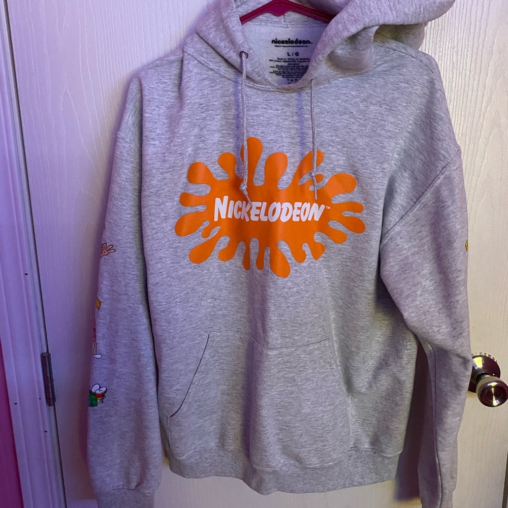 Size L Grey Nickelodeon Hoodie w/ Characters on Sleeves
